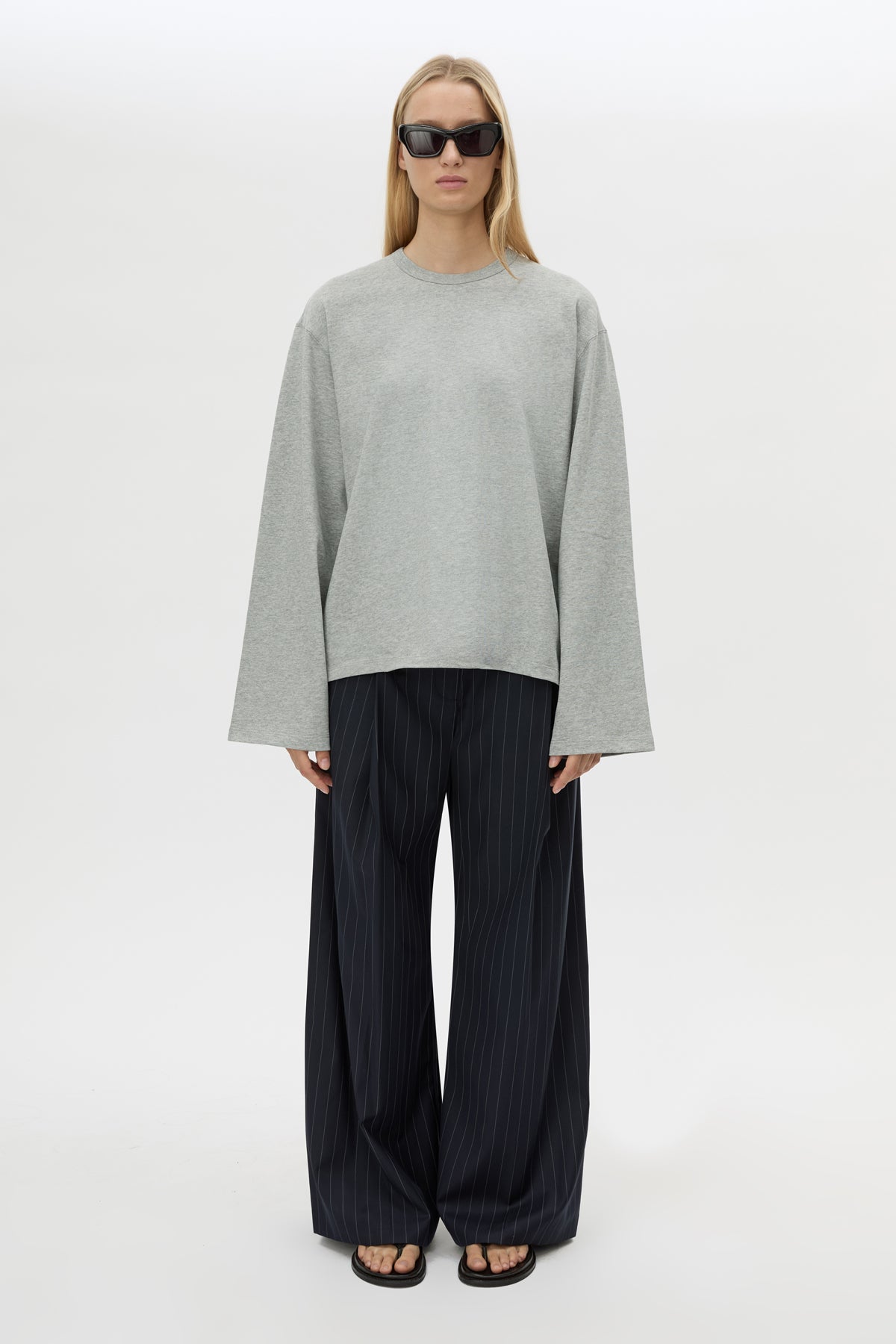 Front view CAMILLA AND MARC Peretti Long Sleeve Tee in Grey Marle styled with the Brody Pant.