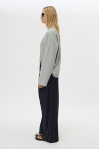 Side view CAMILLA AND MARC Peretti Long Sleeve Tee in Grey Marle with relaxed fit and wide sleeves.