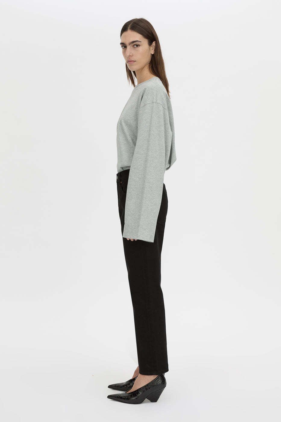 Side view CAMILLA AND MARC relaxed Peretti Long Sleeve Tee in grey marle with straddle-stitch seams.