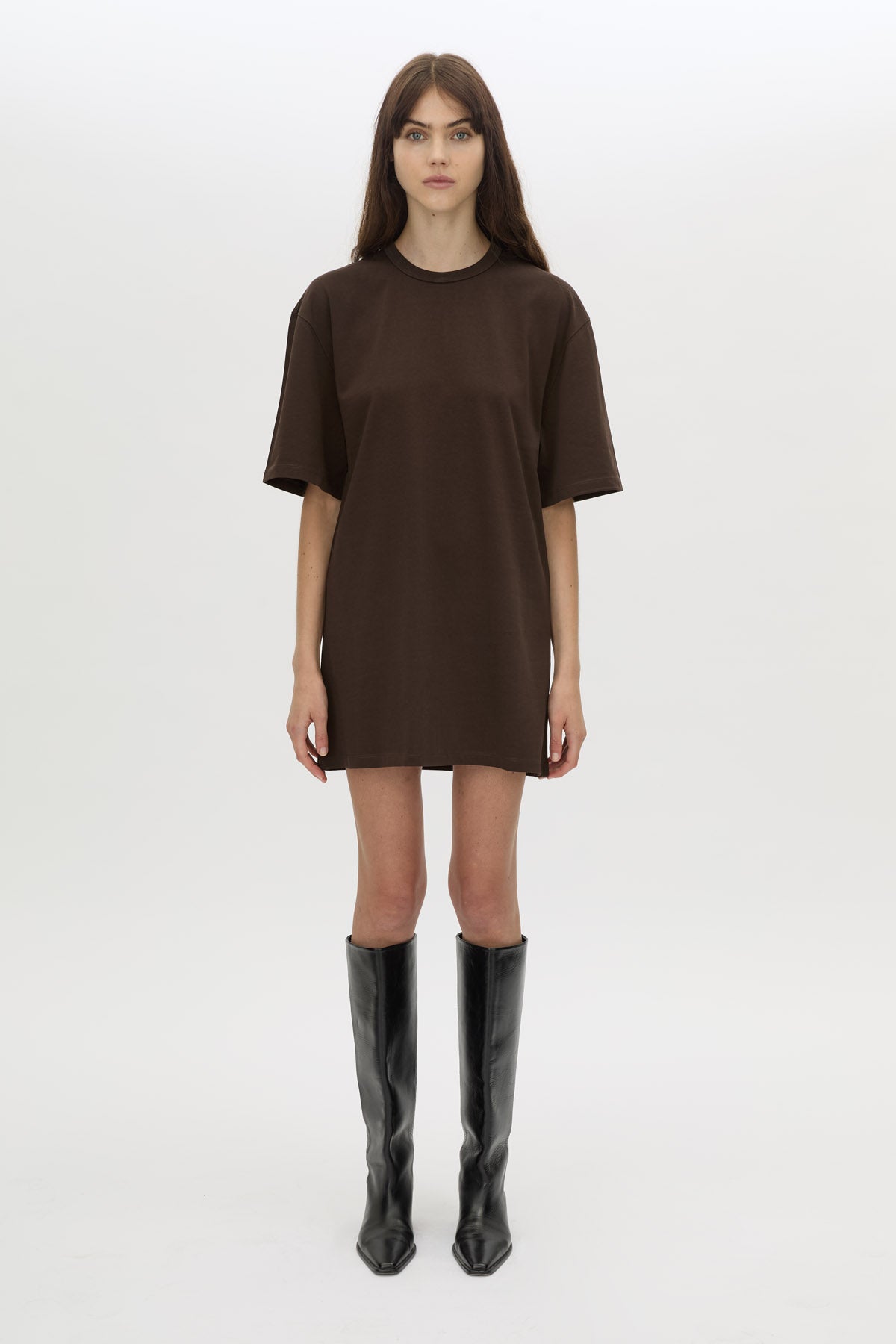 Front view CAMILLA AND MARC Peretti Mini Tee Dress in Espresso Brown styled with the Rowan Boot.