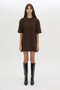 Front view CAMILLA AND MARC Peretti Mini Tee Dress in Espresso Brown styled with the Rowan Boot.