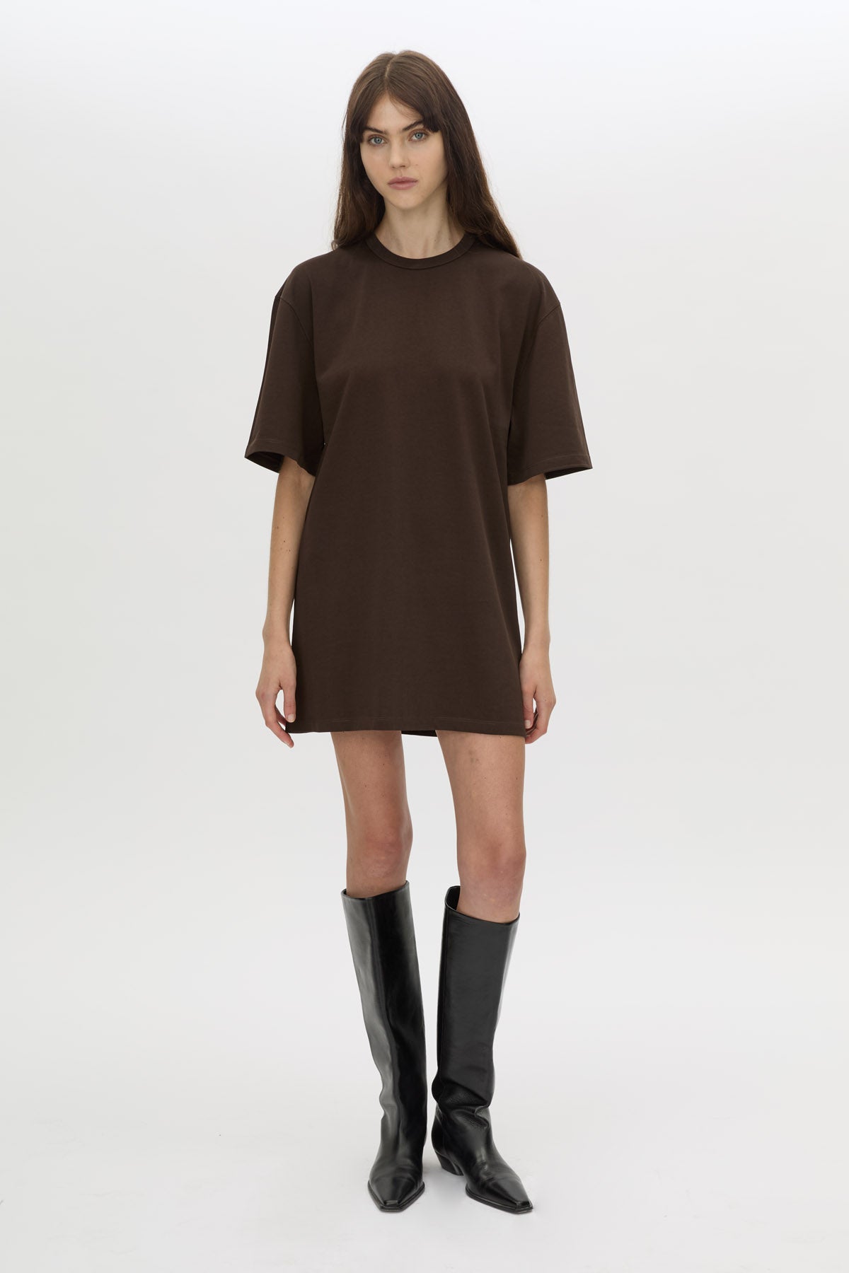 Front view CAMILLA AND MARC Peretti Mini Tee Dress in Espresso Brown with rolled short sleeves and mini tee silhouette.