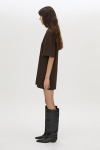 Side view CAMILLA AND MARC Peretti Mini Tee Dress in Espresso Brown with rolled short sleeves and mini tee silhouette.