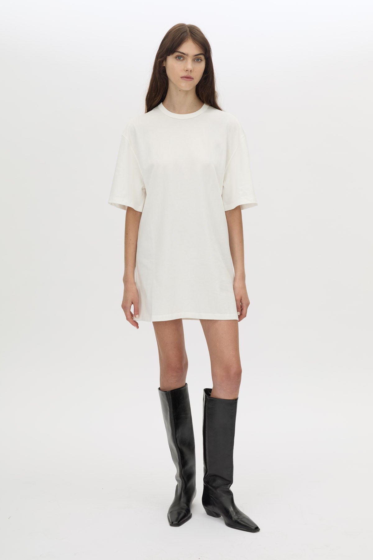 Styled view CAMILLA AND MARC Rowan Knee Boot in Black with the Peretti Mini Tee Dress.