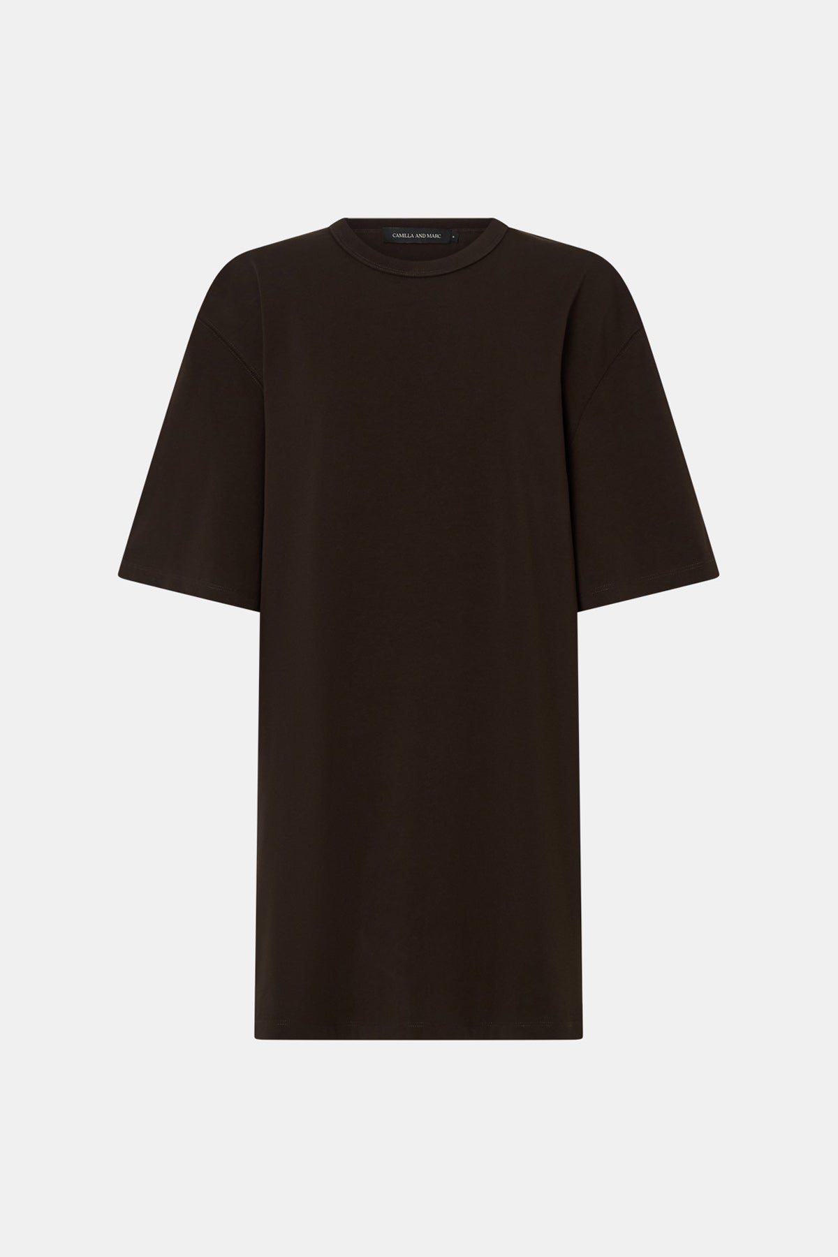 Ghost view CAMILLA AND MARC Peretti Mini Tee Dress in Espresso Brown with rolled short sleeves and mini tee silhouette.