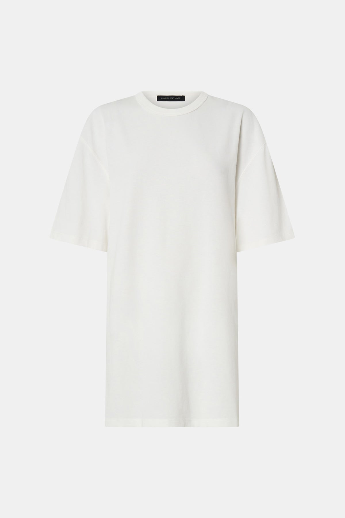 Ghost view CAMILLA AND MARC Peretti Mini Tee Dress in Soft White with rolled short sleeves and mini tee silhouette.