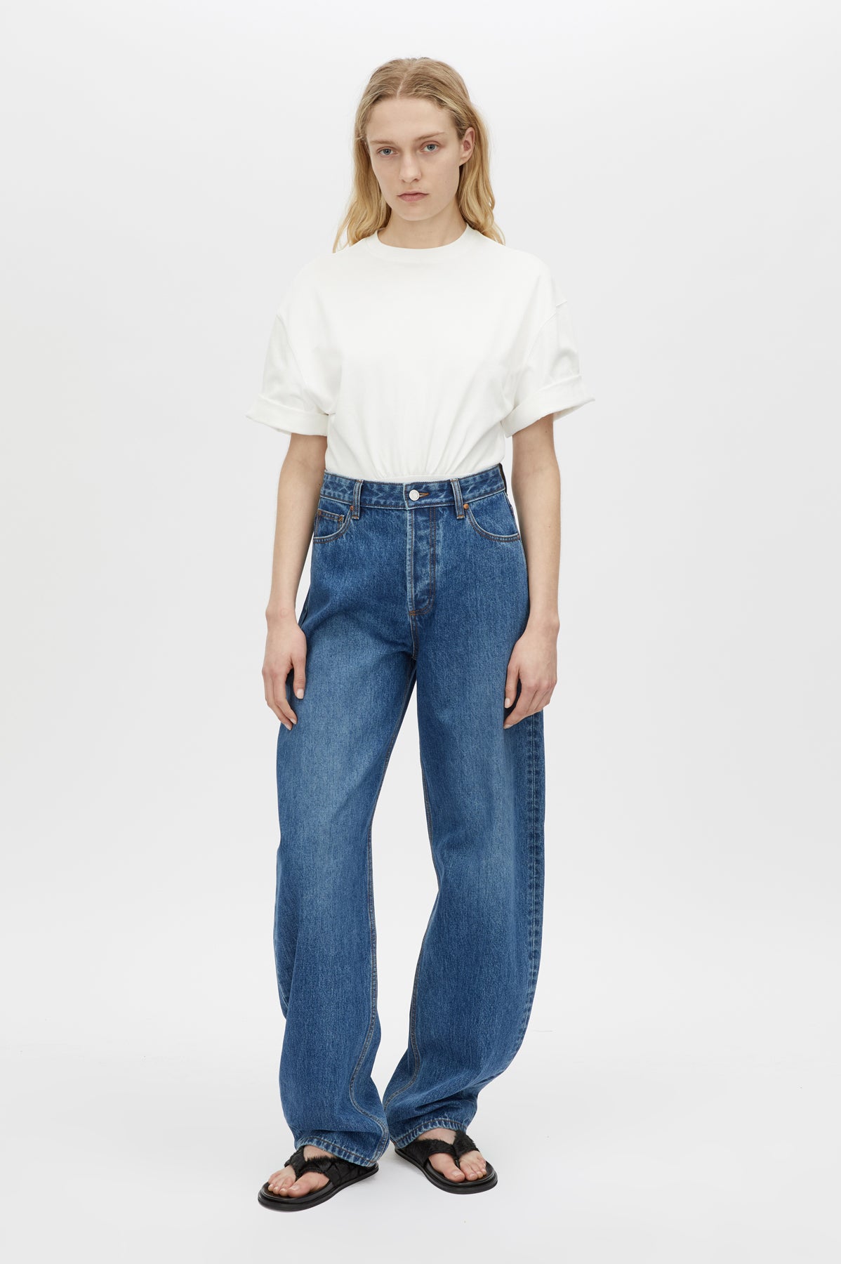 Front view CAMILLA AND MARC Peretti Bodysuit in Soft White with short sleeves and gathered waist.  