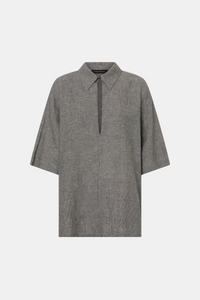 Ghost view CAMILLA AND MARC Phostre Stripe Linen Collared Top in black white with relaxed three‑quarter sleeves.