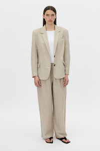 Front-styled view CAMILLA AND MARC Phostre Linen Relaxed Blazer in sand soft tailoring fabrication.
