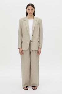 Front view CAMILLA AND MARC Phostre Linen Relaxed Blazer in sand soft tailoring fabrication.