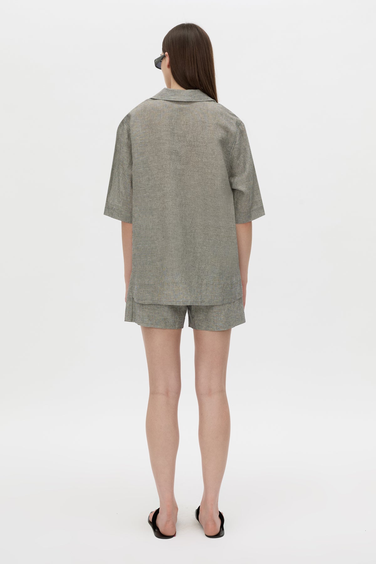 Back view CAMILLA AND MARC Phostre Stripe Linen Collared Top in black white with relaxed three‑quarter sleeves.