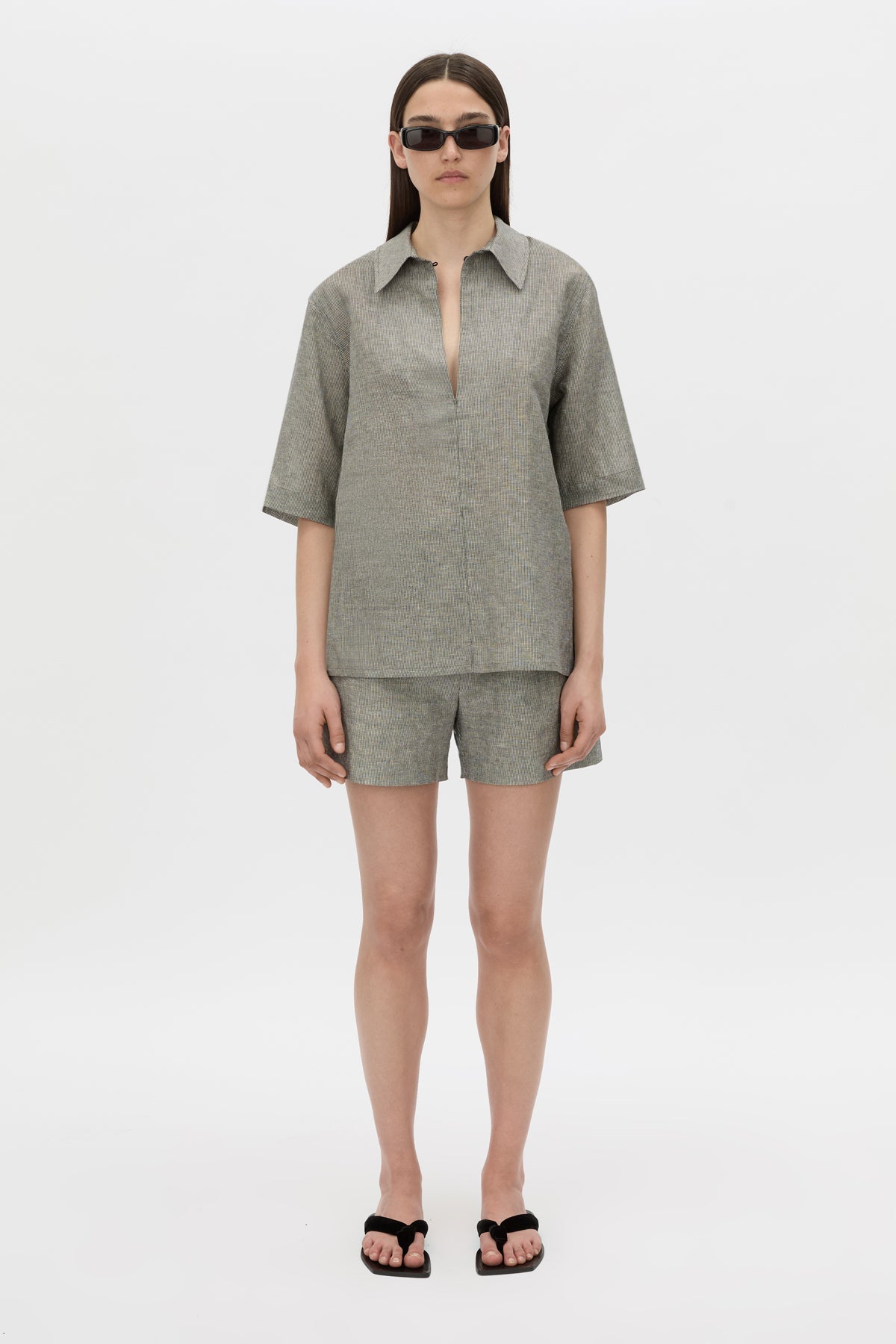 Front view CAMILLA AND MARC Phostre Stripe Linen Collared Top in black white with relaxed three‑quarter sleeves.