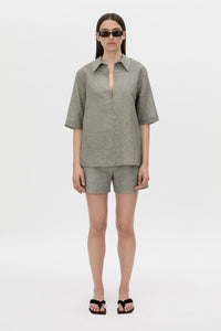Front view CAMILLA AND MARC Phostre Stripe Linen Collared Top in black white with relaxed three‑quarter sleeves.