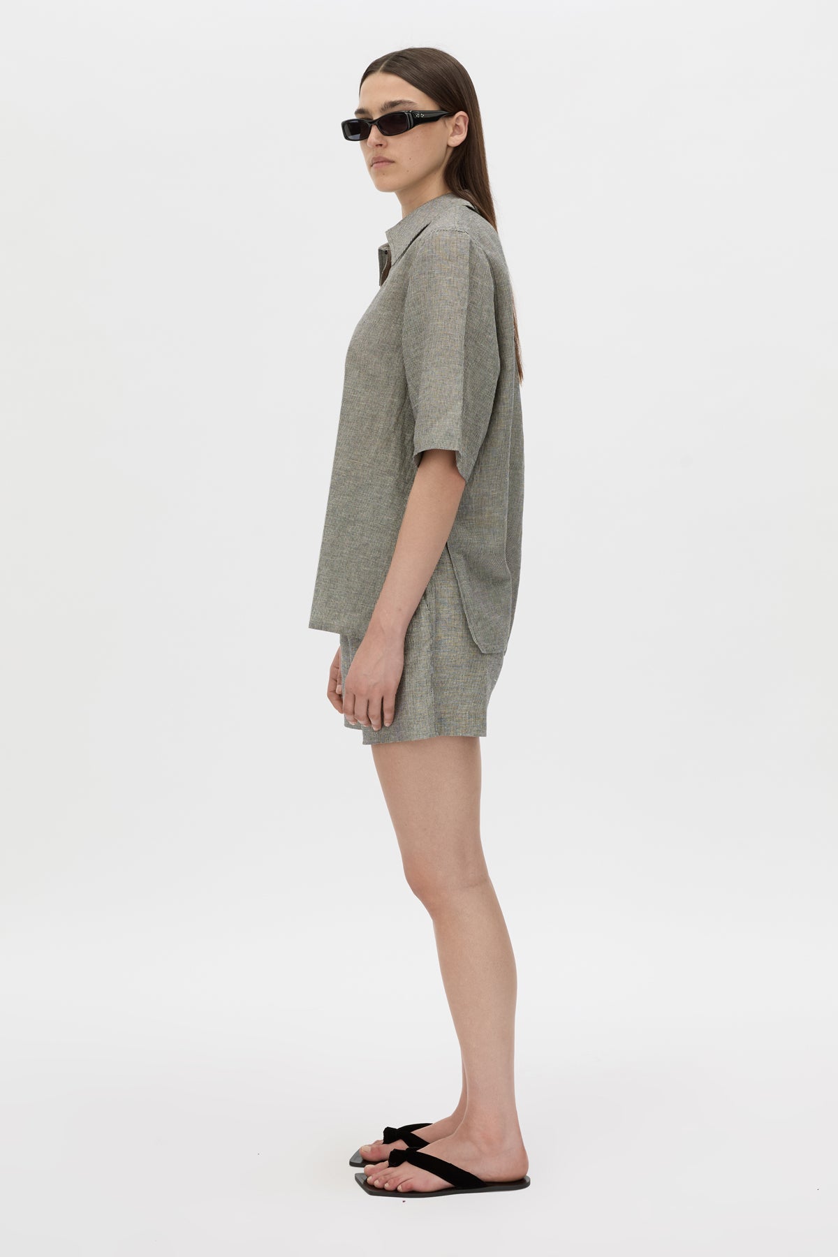 Side view CAMILLA AND MARC Phostre Stripe Linen Collared Top in black white with relaxed three‑quarter sleeves.