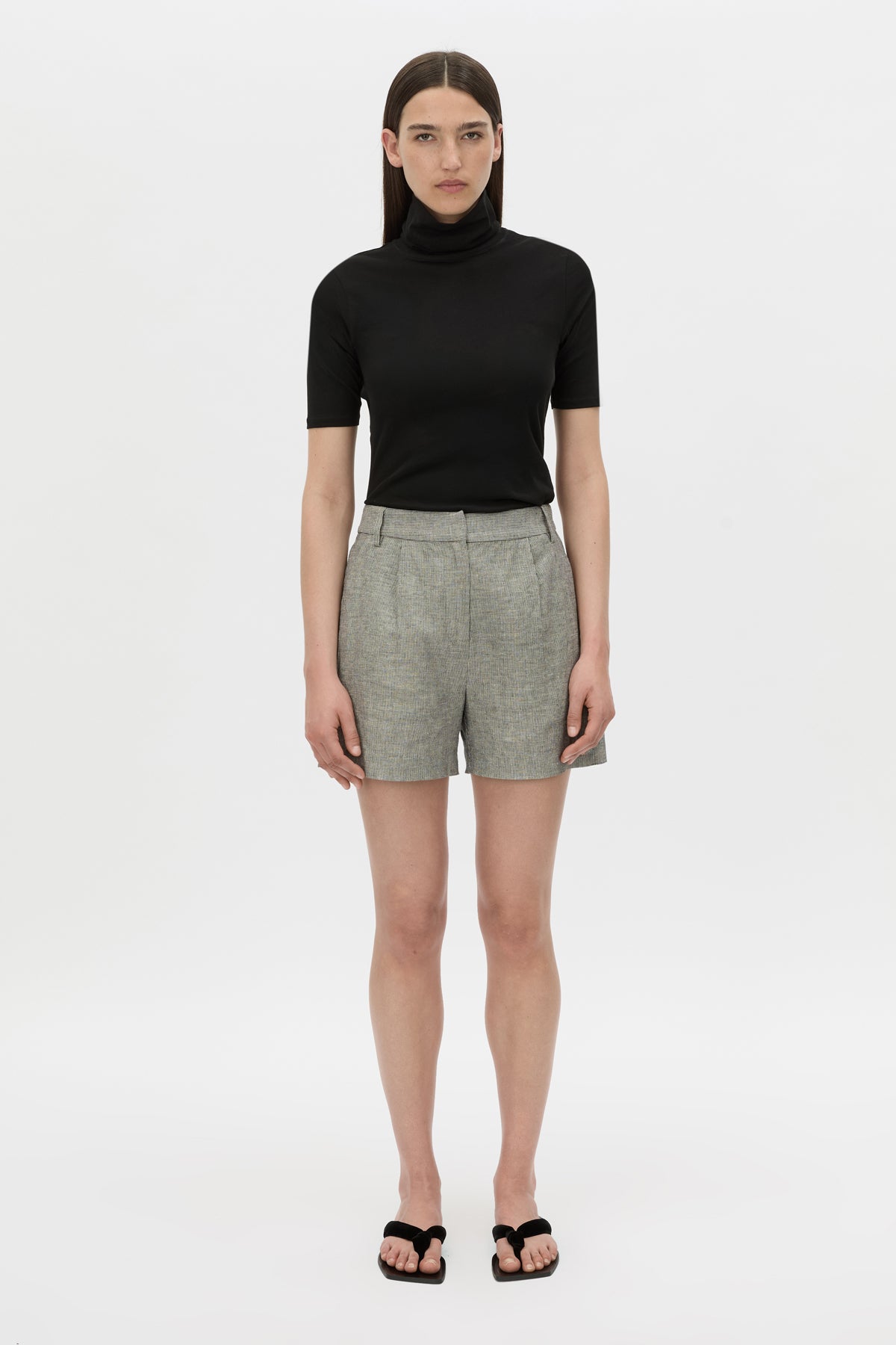 Front view CAMILLA AND MARC mid-rise Phostre Tailored Mini Short in black and white stripe with a fixed waistband.