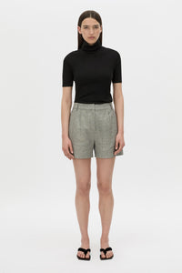 Front view CAMILLA AND MARC mid-rise Phostre Tailored Mini Short in black and white stripe with a fixed waistband.