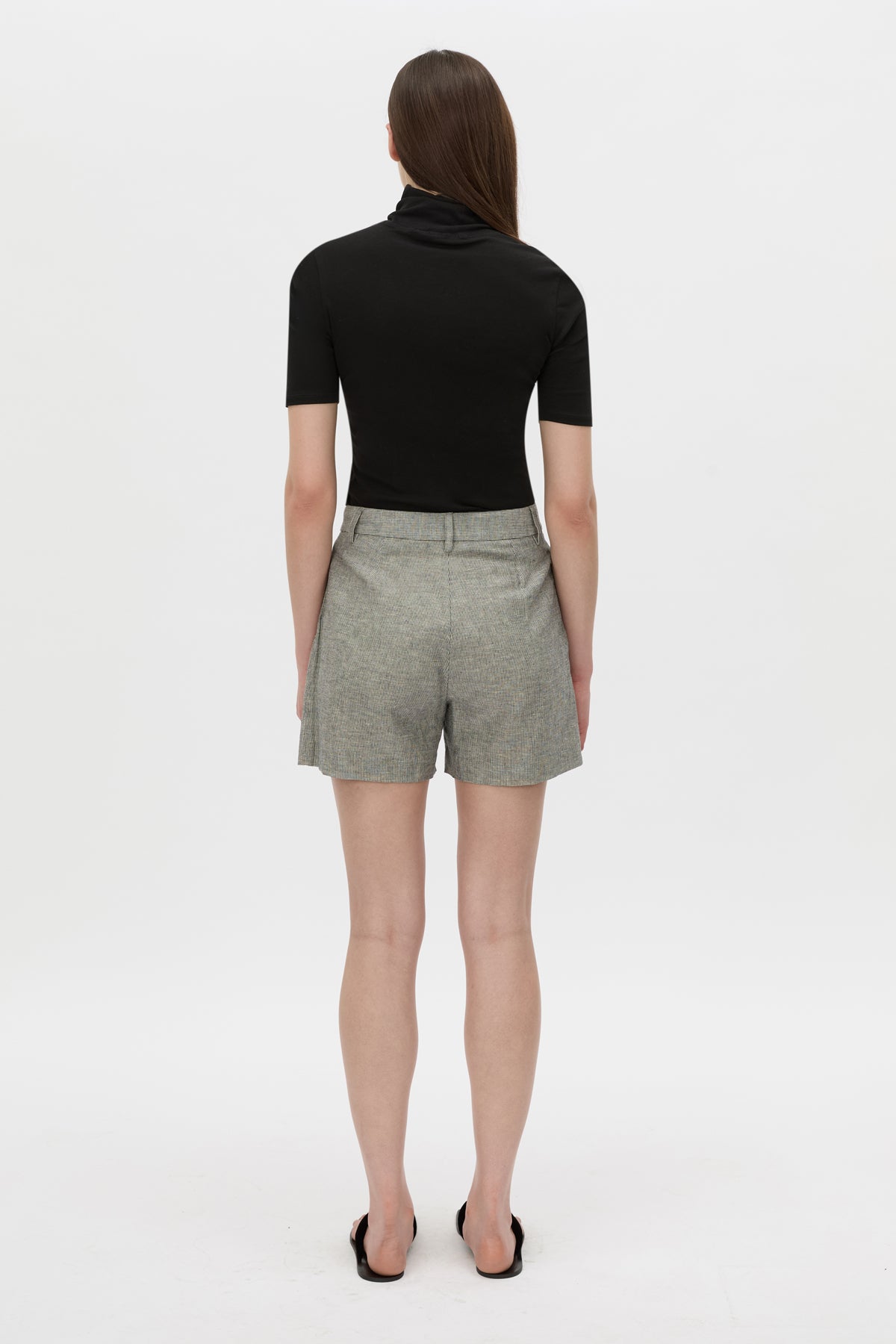 Back view CAMILLA AND MARC mid-rise Phostre Tailored Mini Short in black and white stripe with a fixed waistband.