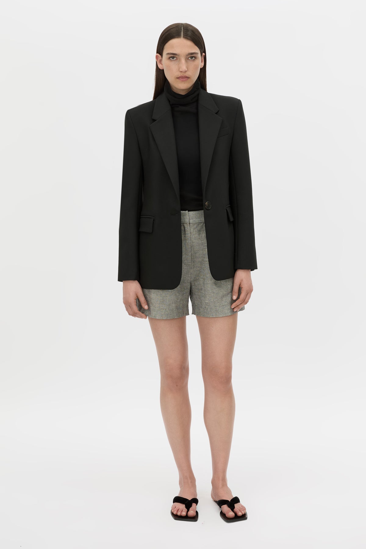 Front-styled view CAMILLA AND MARC mid-rise Phostre Tailored Mini Short in black and white stripe with a fixed waistband.