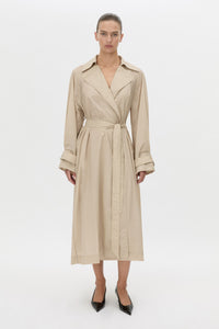 Front view CAMILLA AND MARC Pietro Full Length Sheer Trench in stone with raglan sleeves.