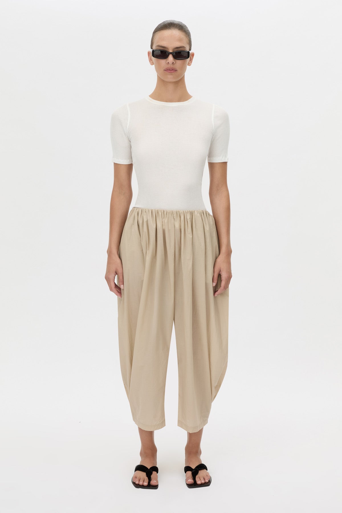 Front view CAMILLA AND MARC Pietro Gathered Wide Leg Pant in stone with a voluminous leg.