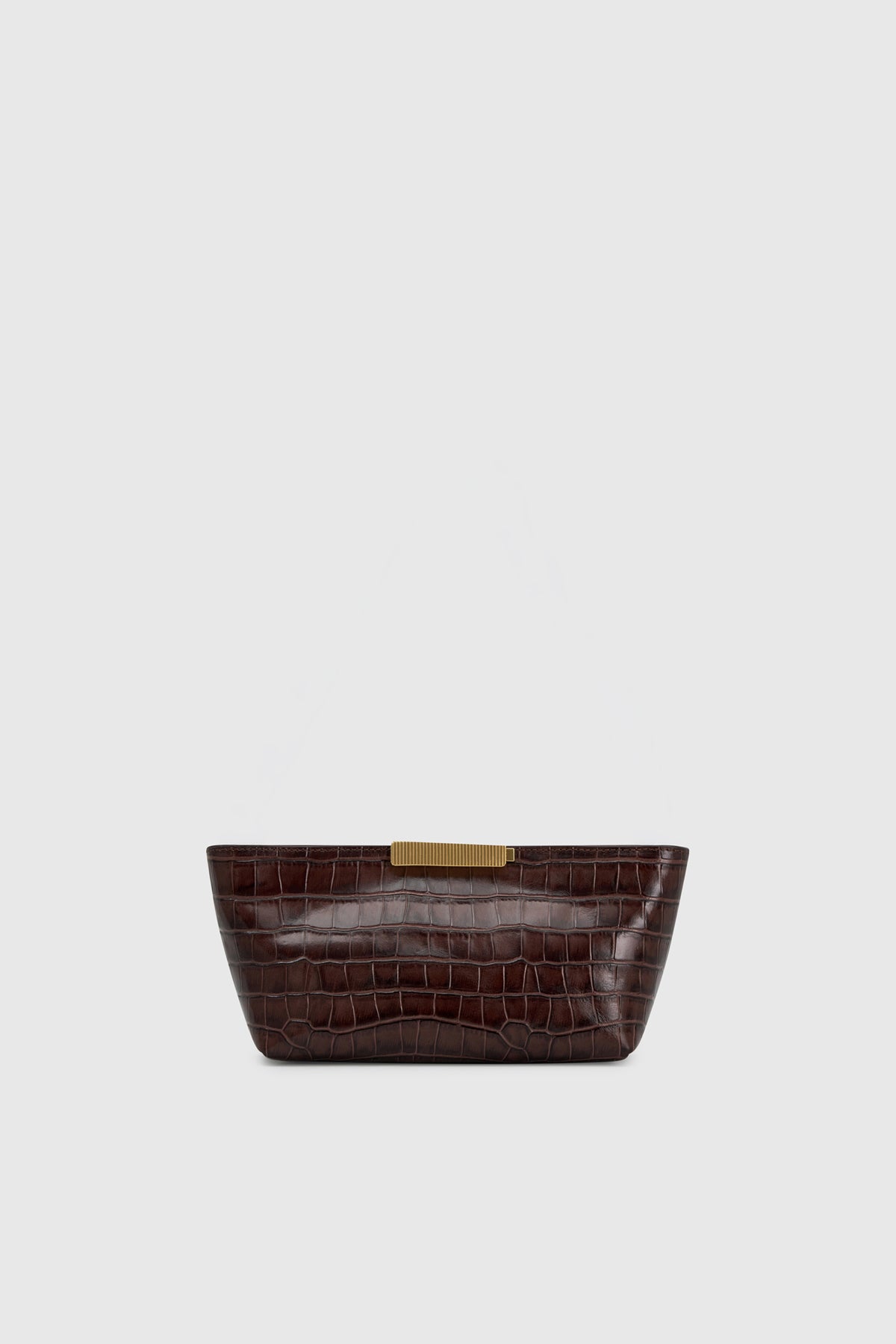 Front ghost view CAMILLA AND MARC Poppy Mini Bag in brown croc embossed leather.