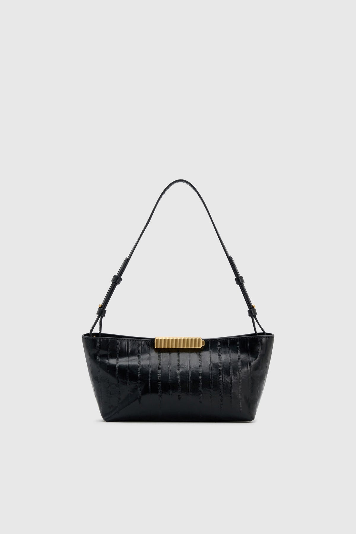 Front view CAMILLA AND MARC Poppy Mini Bag in black eel embossed leather.