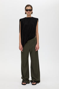 Front styled view CAMILLA AND MARC Ravine Draped Top in Black with asymmetric silhouette.