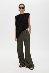 Front view CAMILLA AND MARC Ravine Draped Top in Black with asymmetric silhouette.
