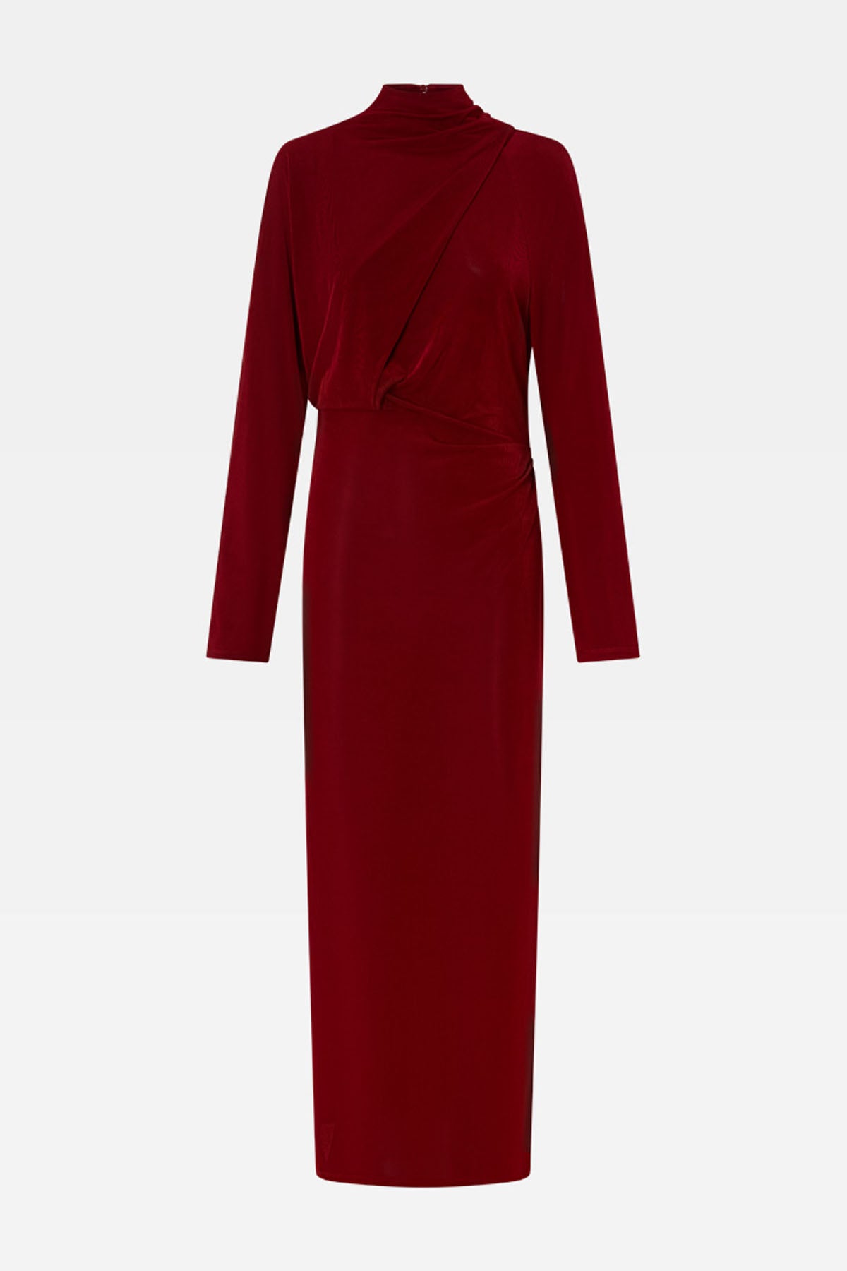 Ghost view CAMILLA AND MARC Ravine Midi Dress in Cherry Red with asymmetric draped neckline.