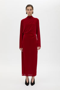 Front view CAMILLA AND MARC Ravine Midi Dress in Cherry Red styled with the Wave Pump.