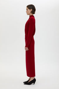 Side view CAMILLA AND MARC Ravine Midi Dress in Cherry Red with asymmetric draped neckline.