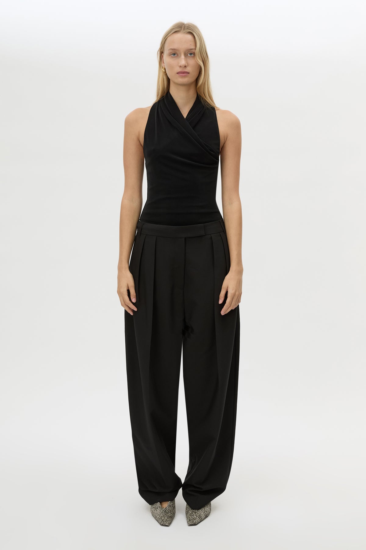 Front view CAMILLA AND MARC Ravine Bodysuit in Black styled with the Tala Barrel Leg Pant.