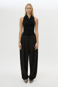 Front view CAMILLA AND MARC Ravine Bodysuit in Black styled with the Tala Barrel Leg Pant.