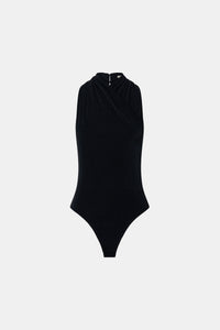 Ghost view CAMILLA AND MARC Ravine Bodysuit in Black with cross‑over wrapped neckline.