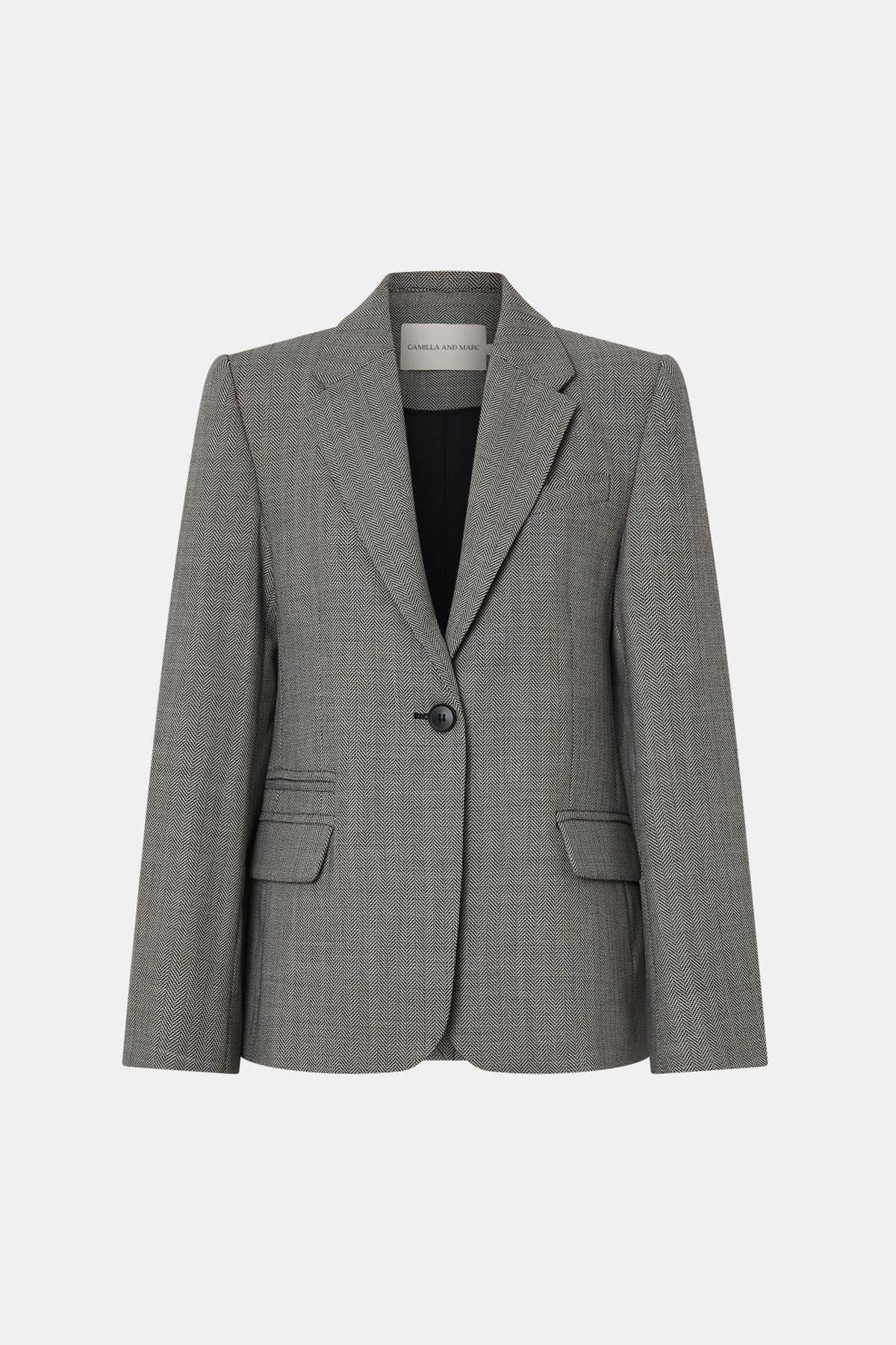 Ghost view CAMILLA AND MARC Ren Single Breasted Blazer in Charcoal Herringbone featuring 100% Australian Wool.