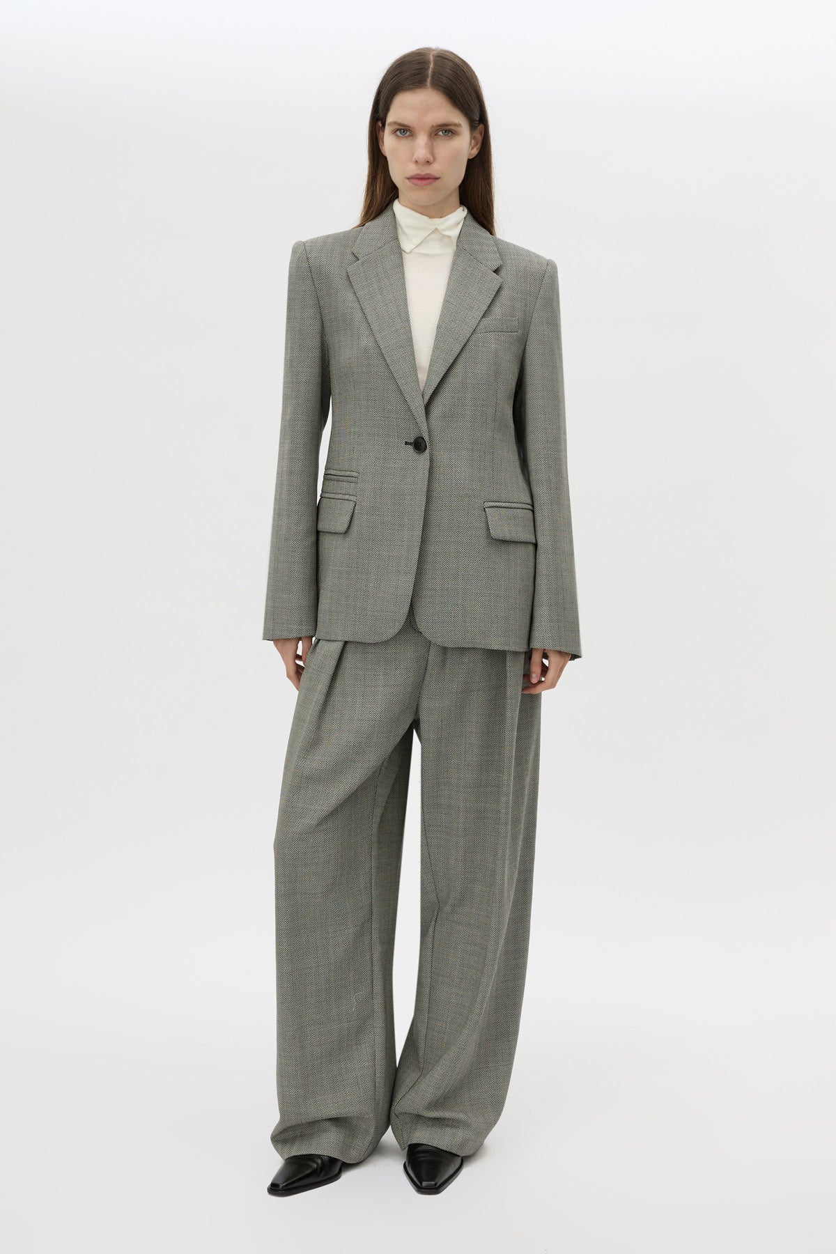 Front view CAMILLA AND MARC Ren Single Breasted Blazer in Charcoal Herringbone featuring 100% Australian Wool.