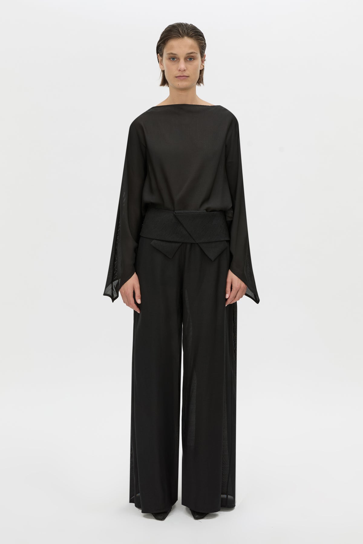 Styled view CAMILLA AND MARC Rene Wide-Leg Pant in black with a removable folded belt and georgette shorts.