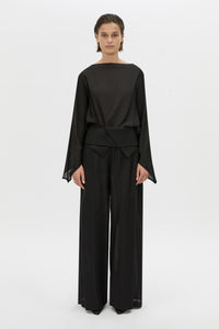 Styled view CAMILLA AND MARC Rene Wide-Leg Pant in black with a removable folded belt and georgette shorts.