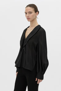 Cropped view CAMILLA AND MARC Rene Long Sleeve Top in black with adjustable neckline and blouson sleeves.