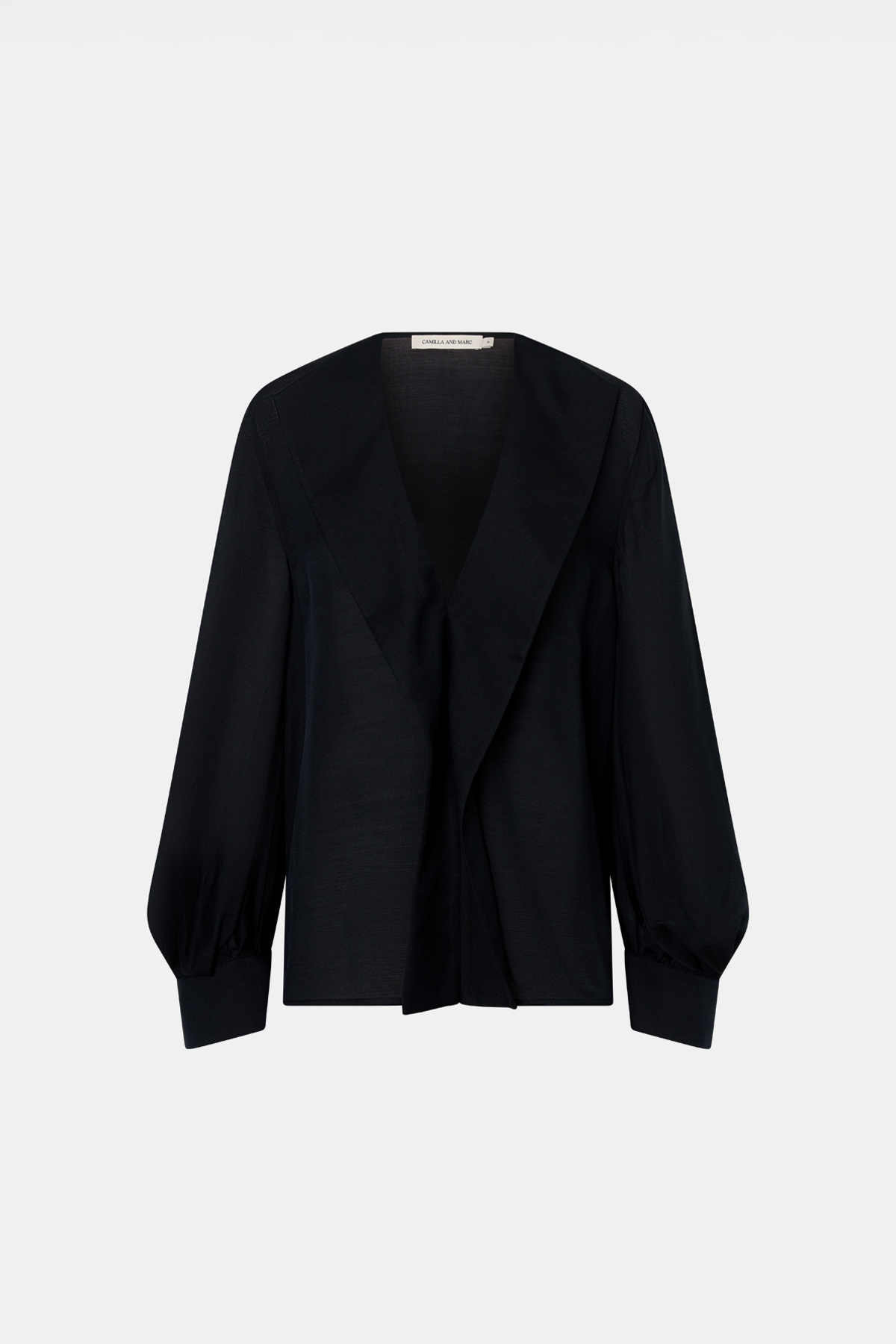 Ghost view CAMILLA AND MARC Rene Long Sleeve Top in black with adjustable neckline and blouson sleeves.