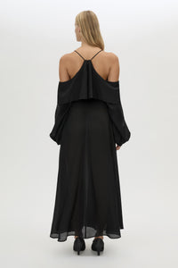Back view CAMILLA AND MARC long-sleeve Rene Maxi Dress in black with exposed shoulder sleeves.