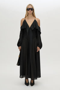Front view CAMILLA AND MARC long-sleeve Rene Maxi Dress in black with exposed shoulder sleeves.