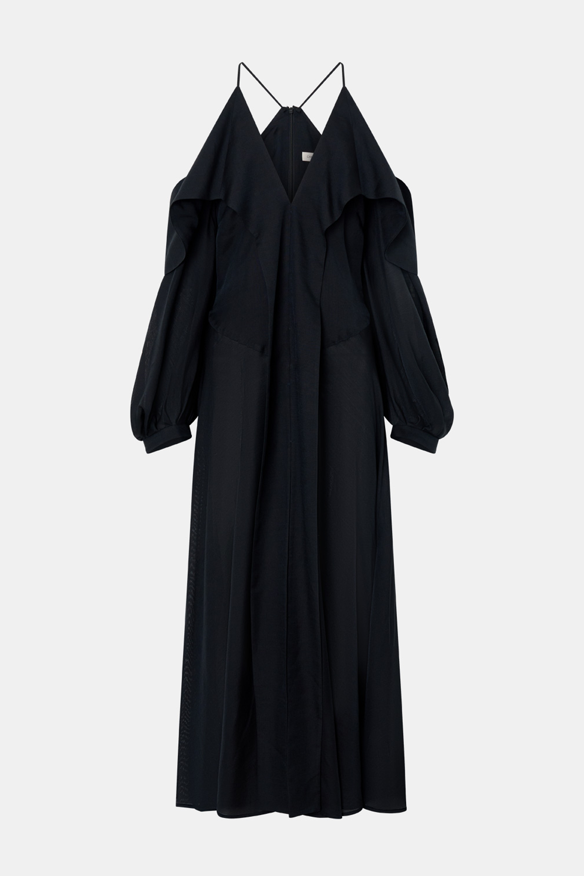 Ghost view CAMILLA AND MARC long-sleeve Rene Maxi Dress in black with exposed shoulder sleeves.