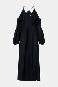 Ghost view CAMILLA AND MARC long-sleeve Rene Maxi Dress in black with exposed shoulder sleeves.