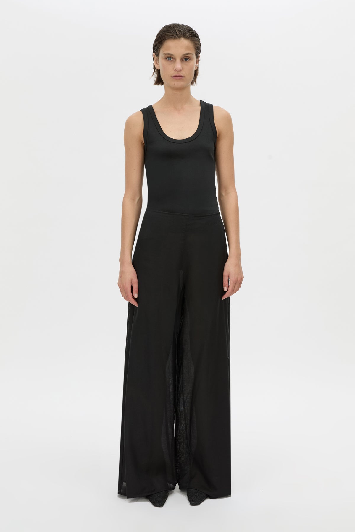 Front view CAMILLA AND MARC Rene Wide-Leg Pant in black with a removable folded belt and georgette shorts.