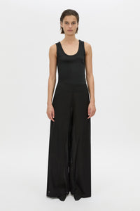 Front view CAMILLA AND MARC Rene Wide-Leg Pant in black with a removable folded belt and georgette shorts.