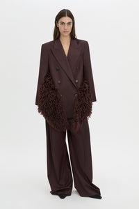 Front-styled-2 view CAMILLA AND MARC Renley Stole in burgundy faux‑fur.