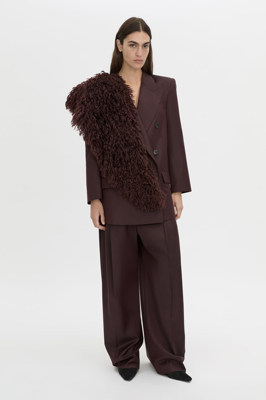 Front-styled view CAMILLA AND MARC Renley Stole in burgundy faux‑fur.