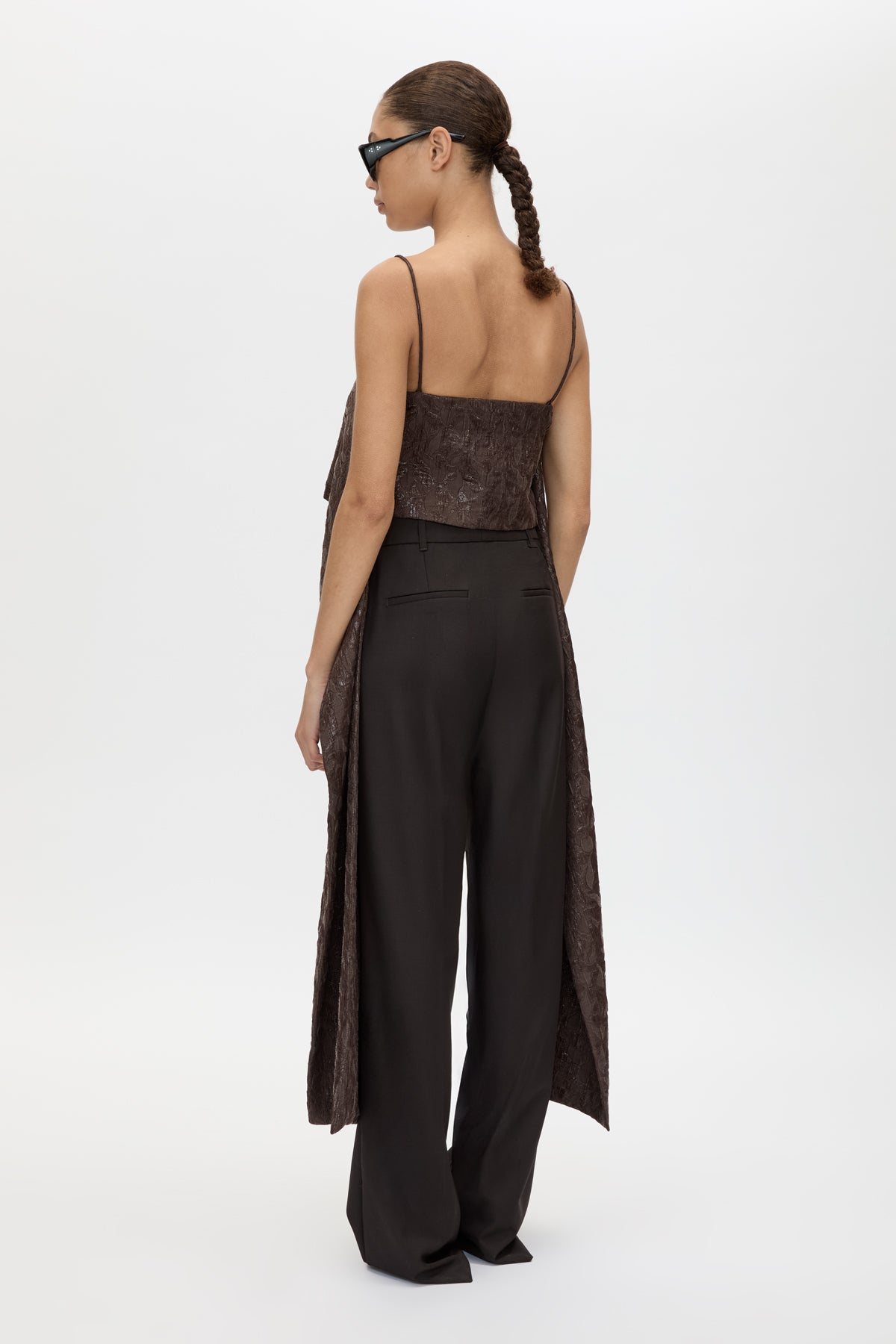 Back view CAMILLA AND MARC Rennick Cami Top in Chocolate with thin straps, cropped front hem and long draped back panels.