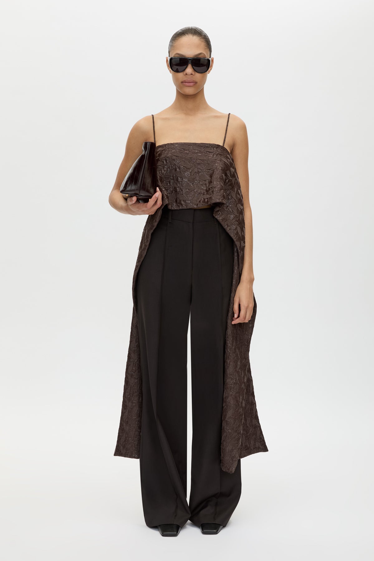 Front view CAMILLA AND MARC Rennick Cami Top in Chocolate with thin straps, cropped front hem and long draped back panels.